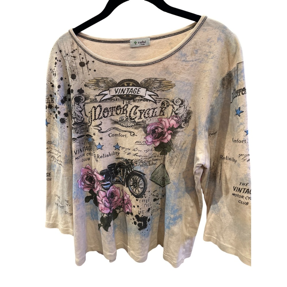 !! SOLD !! Motorcycle Roses‎ Graphic Top XL Boho Biker Rhinestone 3/4 Sleeve